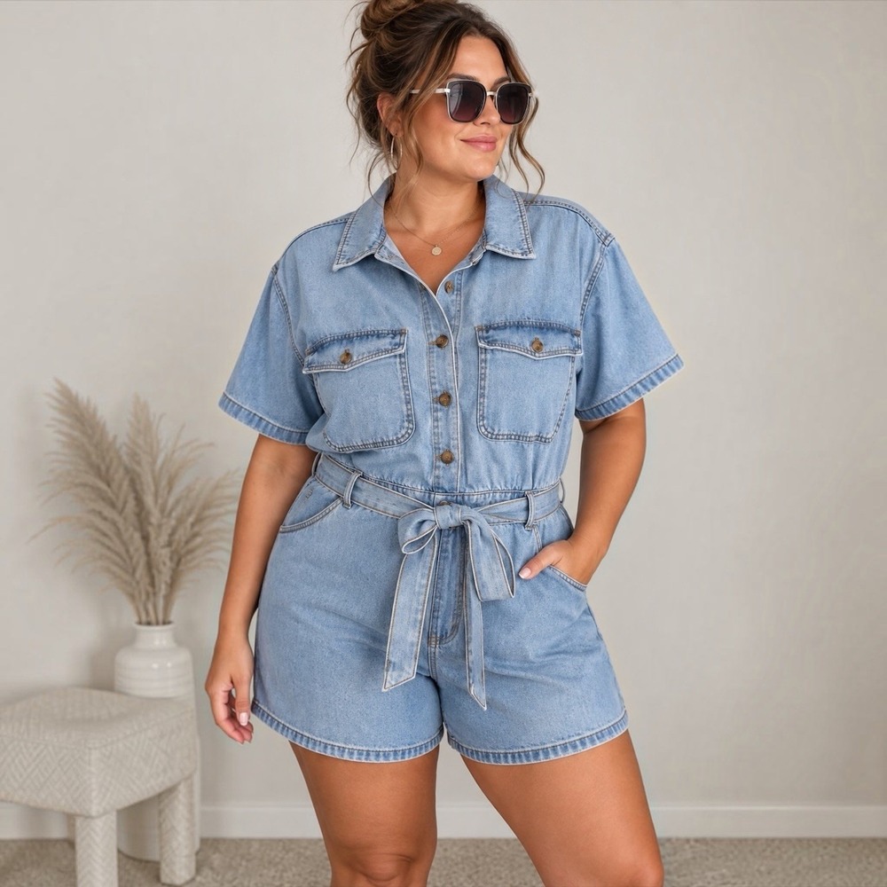 Universal Thread Size 20 Light Wash Denim Belted Utility Romper Plus Size